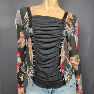Vintage 90s Top Whimsigoth Black Asian Floral Print Size M Square Neck